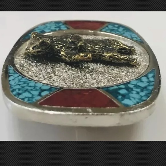 Vtg Navajo M.C. Silver Bear Buckle Turquoise Inlay - Picture 7 of 8